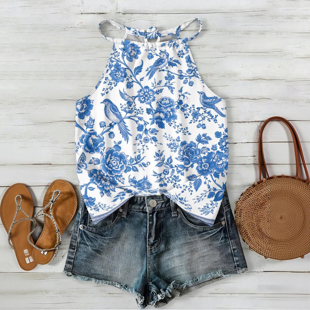 Women Sleeveless Bohemian Tank Top Geometric Print Casual Summer Beachwear Lightweight Blouse with Adjustable Straps and Back Button Closure