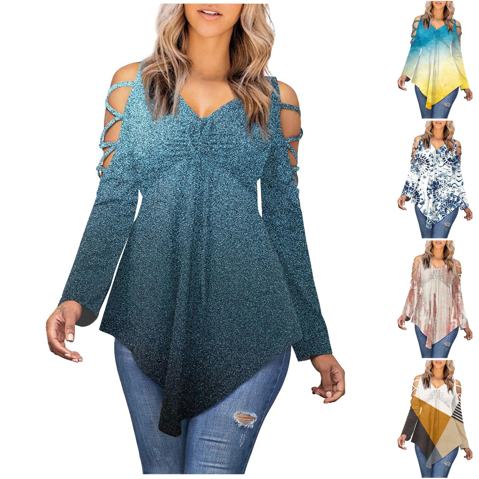 

(Qunide) Women s Fashion Hollow Off Shoulder Long Sleeve Big V Neck Loose Casual Irregular Hem Top