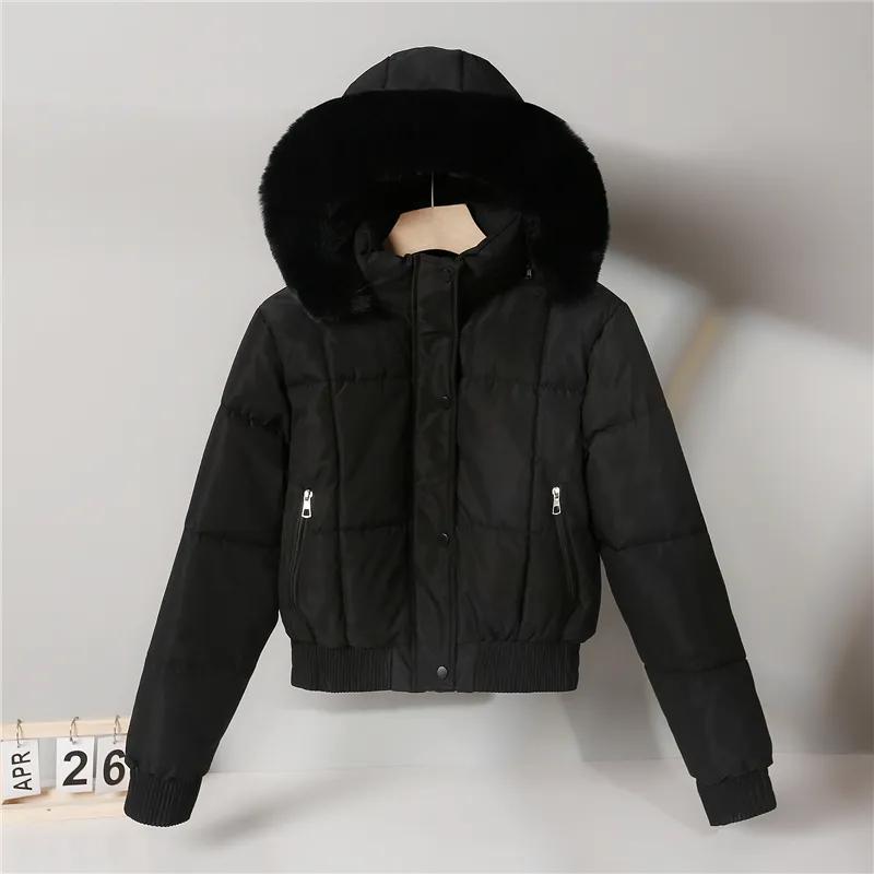 Women's Winter Short Parkas Clothes Add Velvet Thicken Outerwear Fur Collar Removable Hooded Coats Warm Jackets