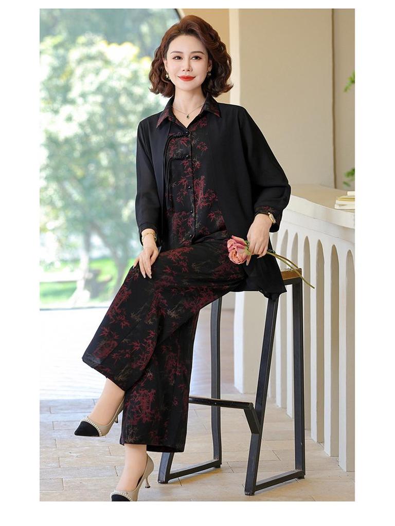 2025 Summer Chinese Style Wide-Leg Pants & Temperament Two-Piece Set for Middle-Aged Women