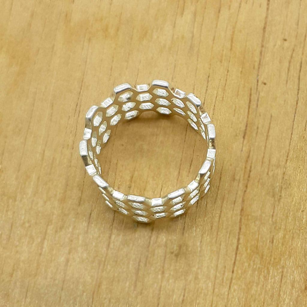 Honeycomb Chunky Silver Woman Band Ring, 925 Sterling Silver Handmade Nature Inspired Aesthetic Jewelry, Spring
