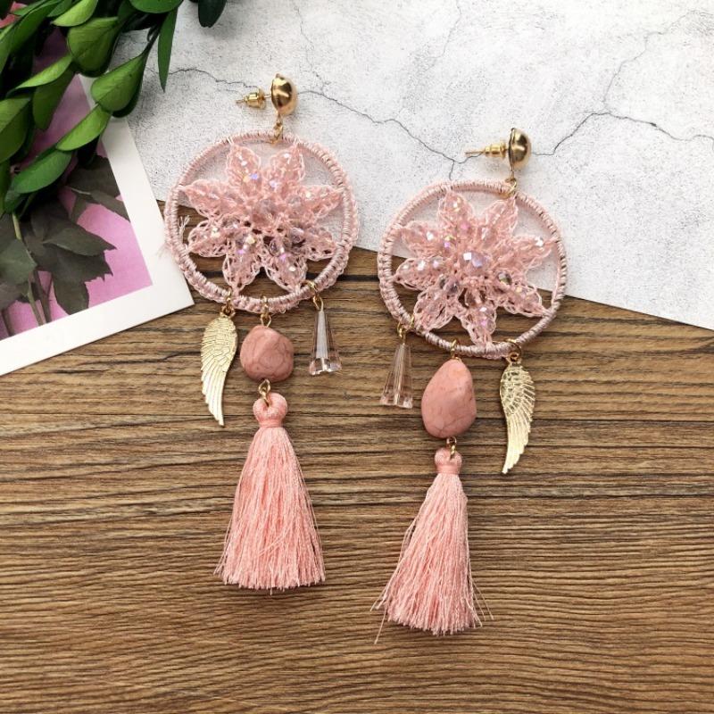 Bohemian crystal dream catcher net element feather earrings women's retro exaggerated temperament long fringed vacation earrings