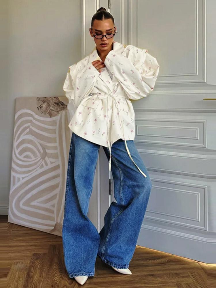 Módní květinové pásky Blejzr Kabát Dámský Ramenní vycpávky Jednořadé S klopami Dlouhý rukáv Streetová bunda 2025 Jarní sváteční párty