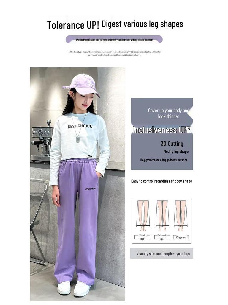 2023 New Style Girls' Velvet-Lined Wide-Leg Sports Pants for Spring and Autumn