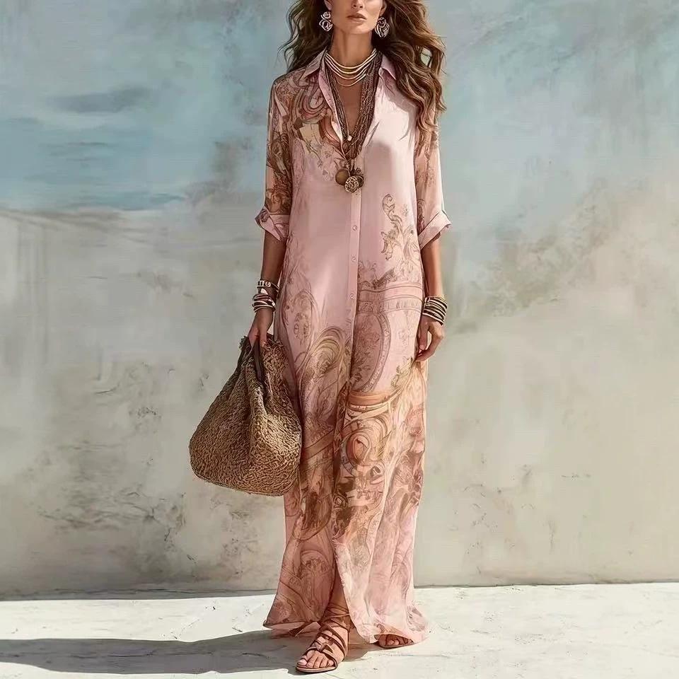 2026 European Beach Vacation Retro Light Blue Print Shirt Dress
