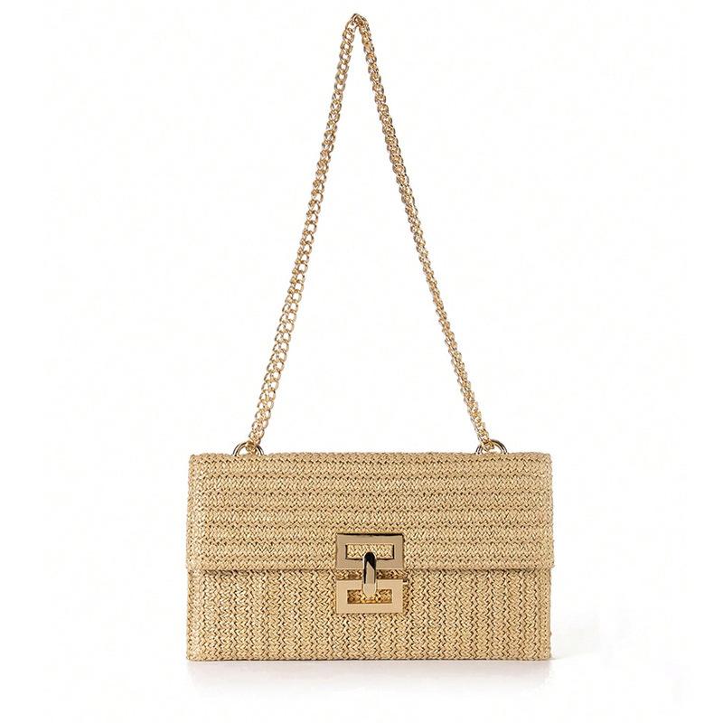 New Vacation Style Multi Layered Chain Flip Lock Straw Woven Bag Shoulder Bag
