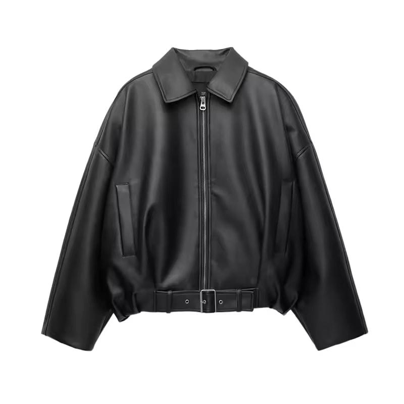 Vintage PU Leather Bomber Jackets Autumn Ladies Zipper Lapel Long Sleeve Pocket Coat With Belt Women's Loose Streetwear