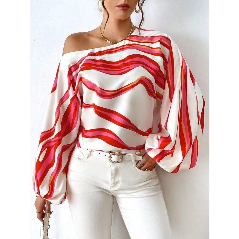 

Stylish Niche Style Asymmetrical Stripes Thin Shirt Women s Autumn and Winter New Arrival French Western Style Youthful-Looking Easiest for Match Tops Red S