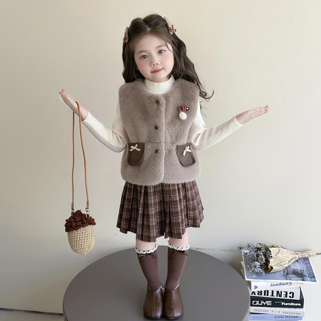 Mädchen Modische 2025 Herbst/Winter Pelzweste & Strickpullover mit Plisseerock Set