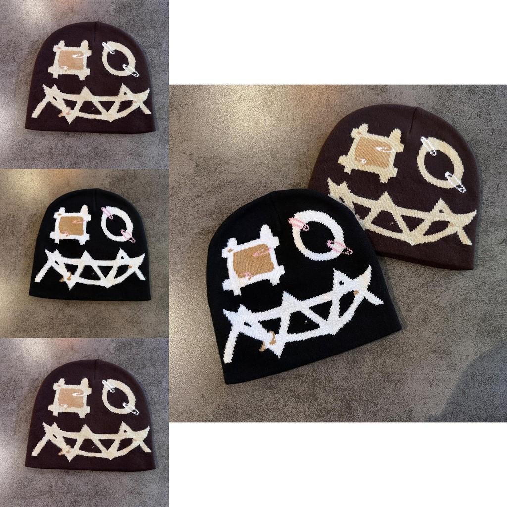 Knit Beanie With Demon Face Embroidery For Halloween And Winter Warmth