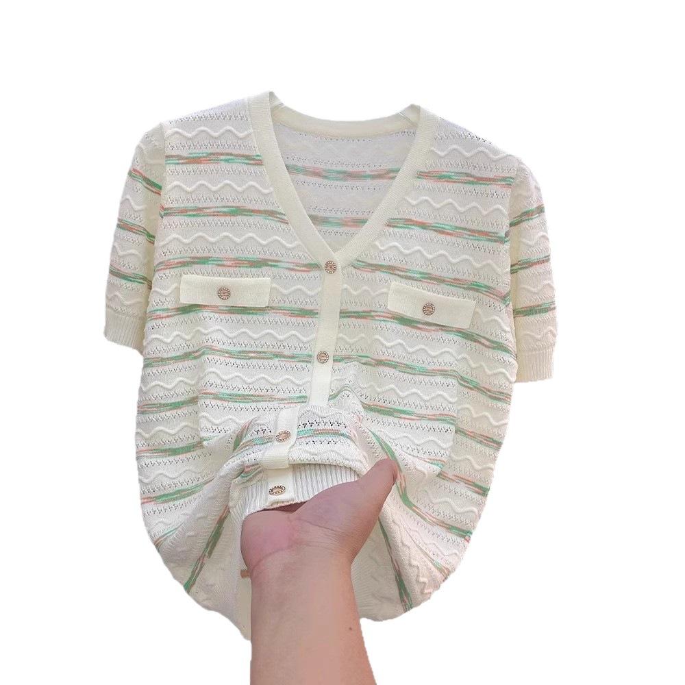 Women's Knitted T-shirt Hollow Stripe Ice Silk Needle V-neck Women's Short Sleeve Thin T-shirt