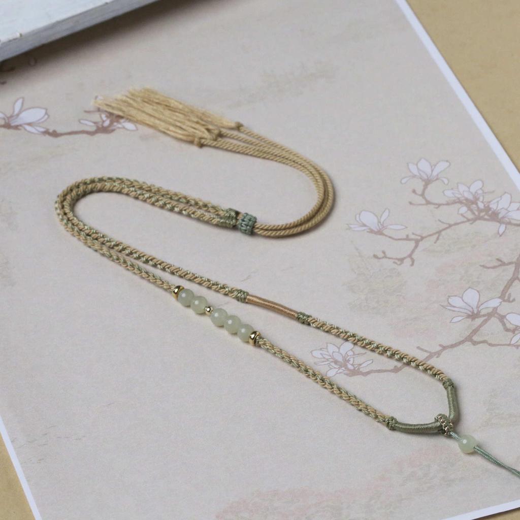 Hand-Woven Adjustable Gold Jade Pendant Necklace for Women