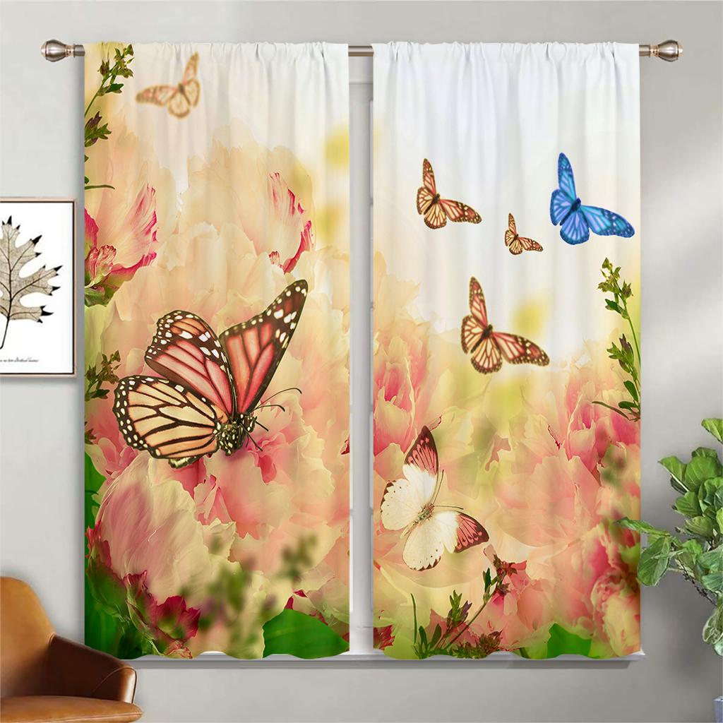 Floral Butterfly 3d Print Curtains, Rod Pocket Semi Blackout Curtains, Bedroom Living Room Office Decorative Curtains, Kids Gift
