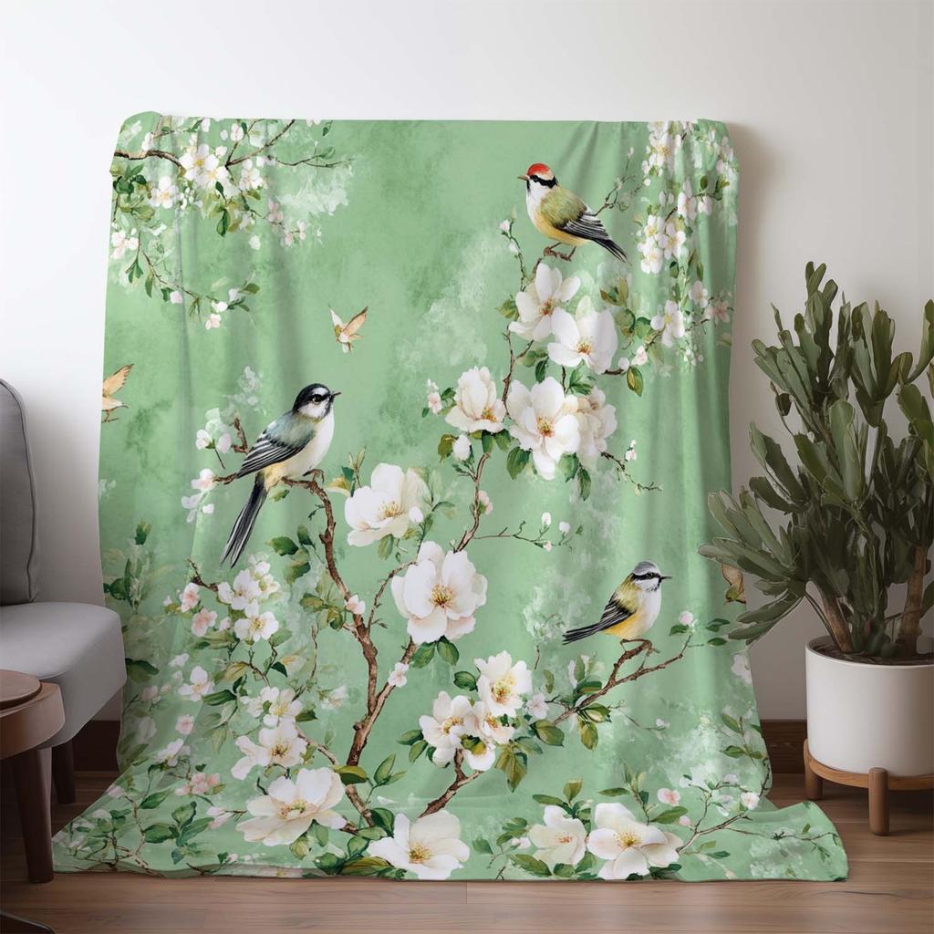 1pz Coperta di Flanella con Stampa Floreale e di Uccelli Vintage - Morbida Calda Coperta per Tutte le Stagioni per Divano Letto Auto Campeggio Ufficio, Regalo Accogliente con Nat