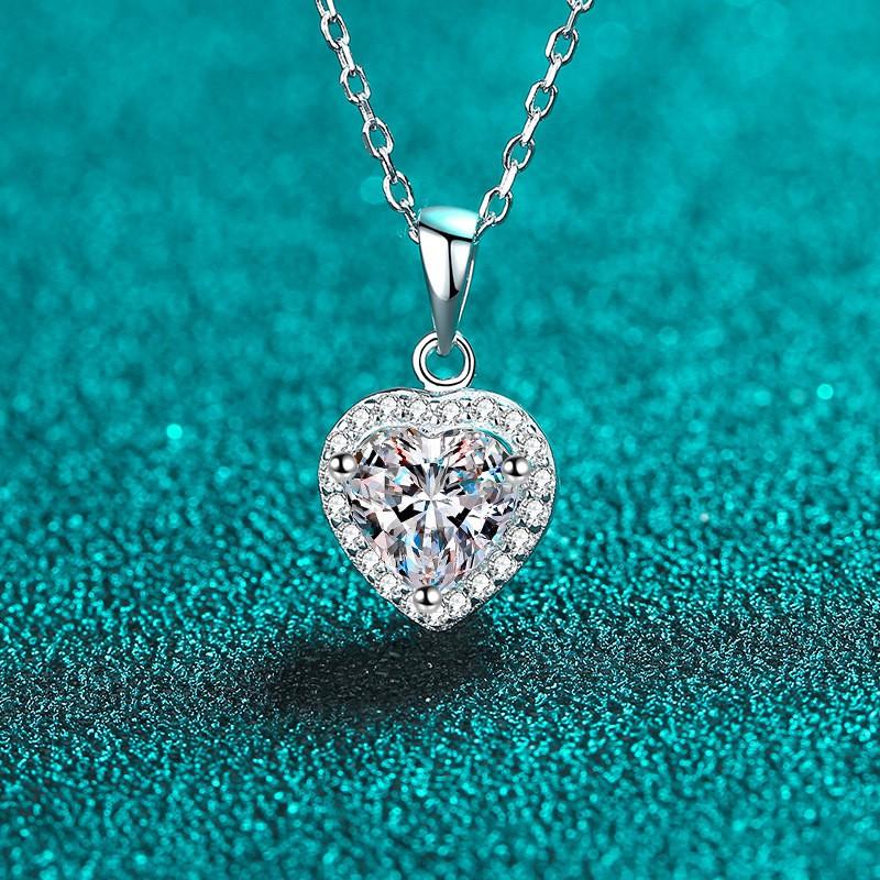 Sterling Heart Pendant Necklace With Moissanite Zircon Adjustable Chain Women 925 Sterling Silver