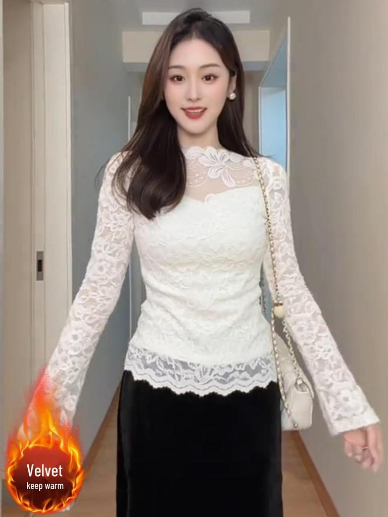 Women's 2025 Winter French Lace Long-Sleeve Mesh Base Layer Top
