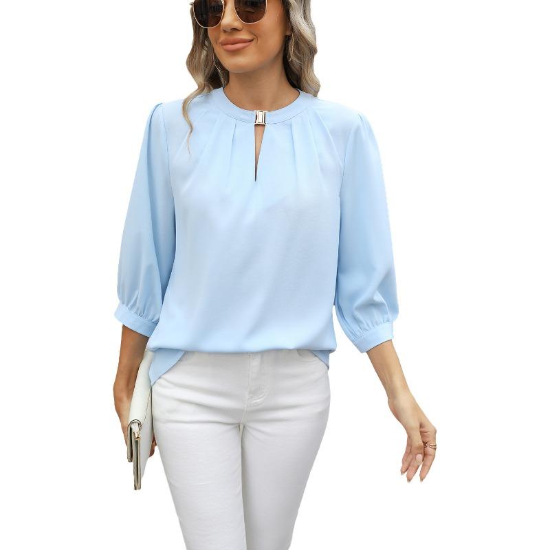 Women's Spring and Summer New Lock Hole V-neck Seven-minute Sleeve Loose Chiffon Shirt Tops