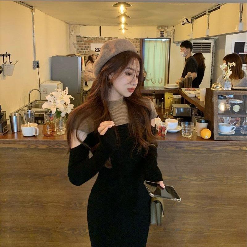 With Coat, Long Sweater Skirt, Over-knee Temperament, Underlay, Off-the-shoulder Knitted Dress for Women's Autumn and Winter