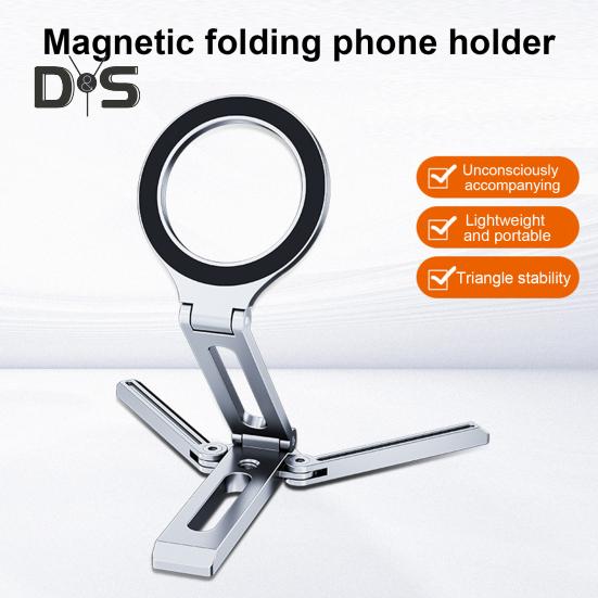 Magnetic Phone Stand Aluminum Alloy Desk Holder for Cell Phone Video Recording Travel Portable Foldable Tripod Adjustable Angle Phone Mount for