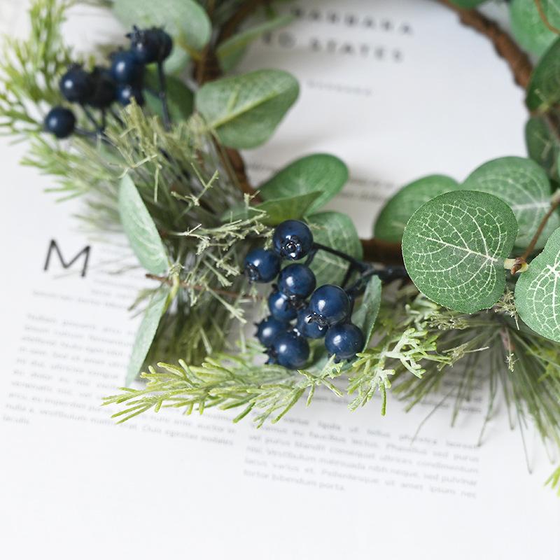 Christmas Wishing Candlestick Wreath Simulation Blueberry Berry Pine Needle Candle Wreath Eucalyptus Wax Ring Decoration