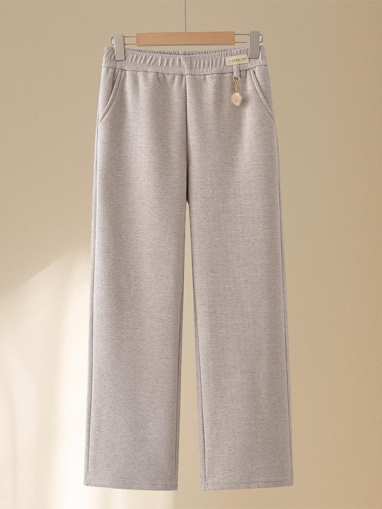 Mid-aged and Elderly Women's Fleece-Lined Straight Leg Pants - Elastic Waist, Autumn/Winter Casual Wear