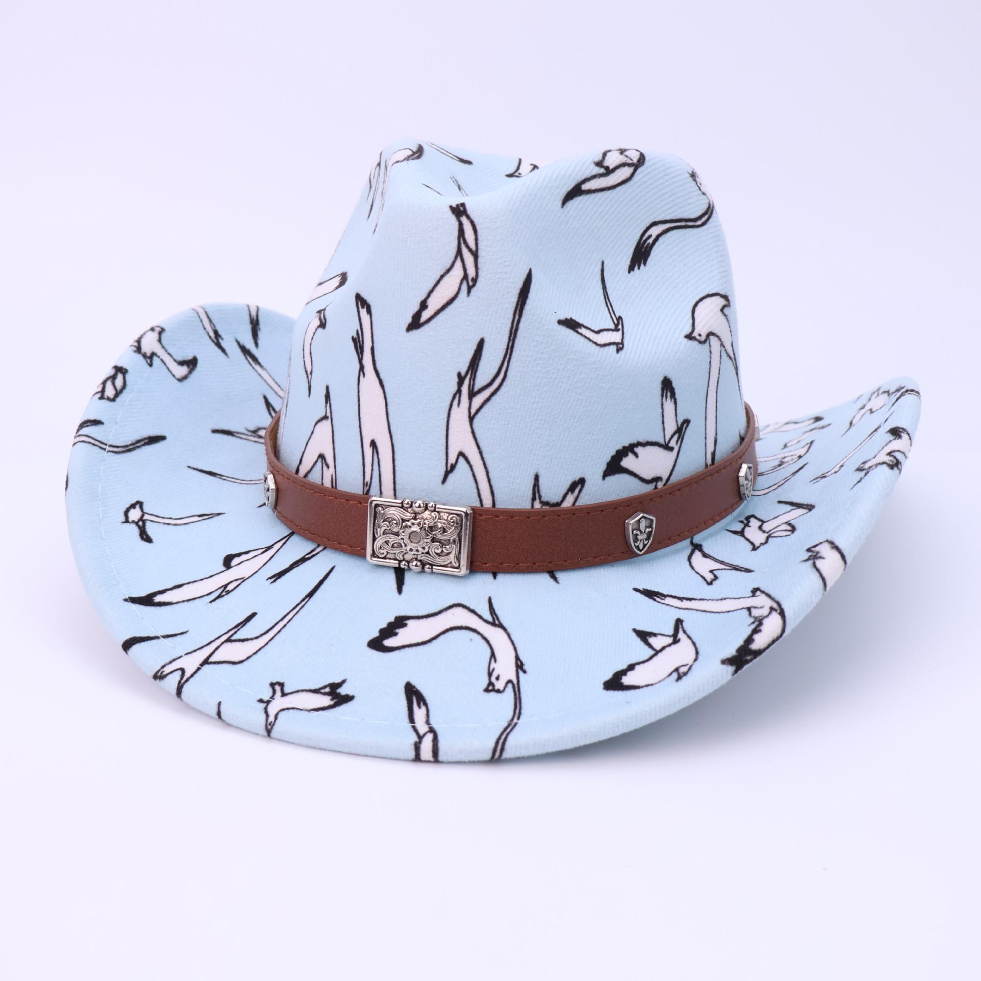Западная ковбойская шляпа Сезонная цифровая печать Шерстяной цилиндр Широкие поля Джазовая шляпа M（56-58cm） светло-синий
