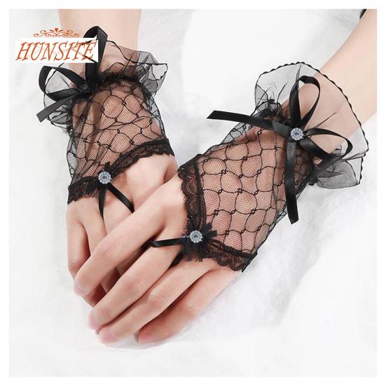 1 Pair Wedding Gloves Lace Fingerless See Through Bow-knot Thin Bride Party Gloves Female Vintage Soft Short Gloves