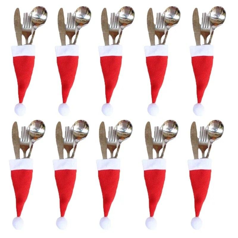 10 ks Taška na příbory Vánoční čepice Vánoční dekorace Kuchyňské doplňky Domov 2023 Vánoční ozdoby Taška na příbory Santa Claus Party dekorace