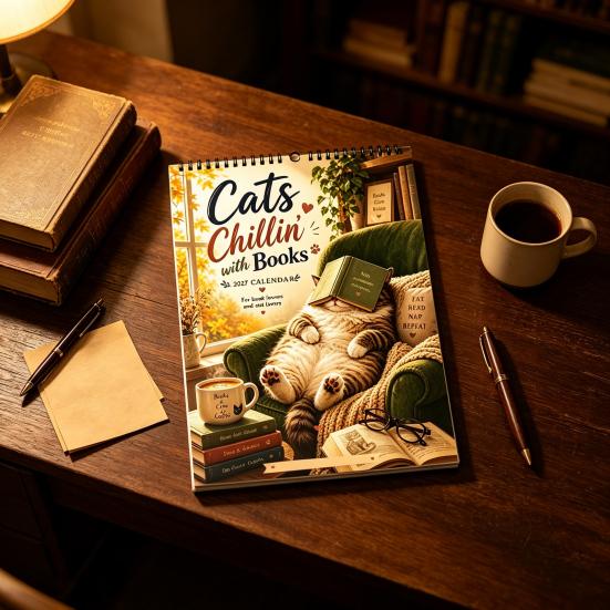 Wall Hanging Calendar Cats Chillin' with Book 2027 Calendar, 12 Month Monthly Planner, Thick Appointment Paper Daily Planning for Home Office