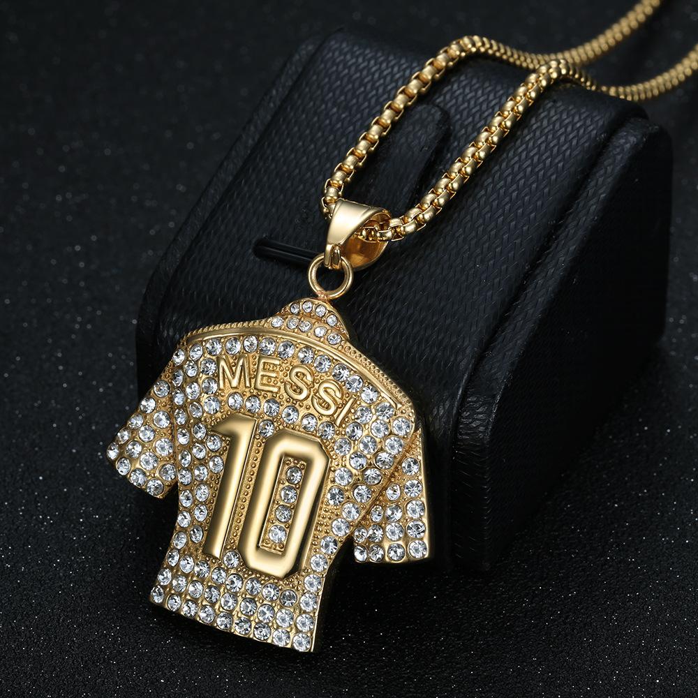 Hip Hop Messi 10 Jersey Pendant Necklace Gold Plated Stainless Steel Iced Out Football Chain