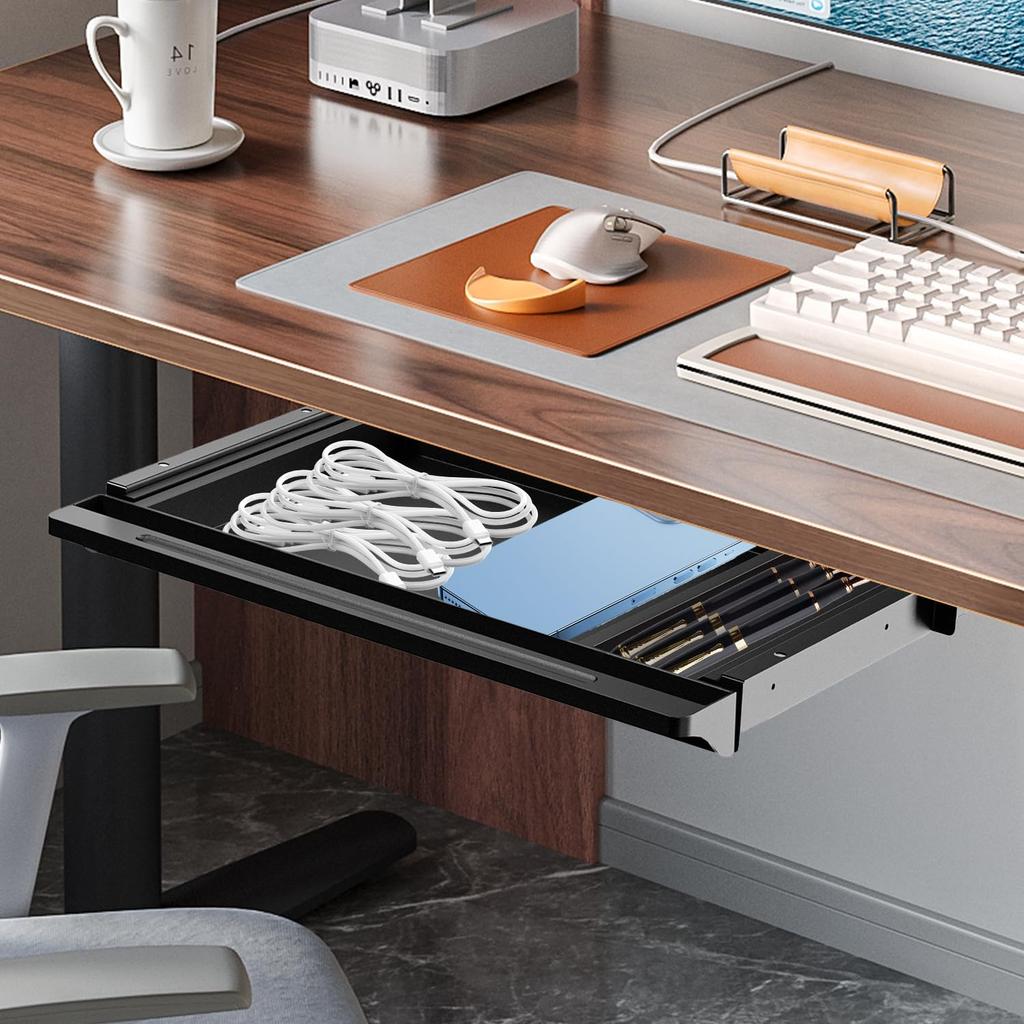 Kyododoya Hidden Drawer Storage 52cm Depth X 28cm Width X with Small Item Wood Screw Office Style A Under-Table Rack, 3.5cm Height, Dividers,