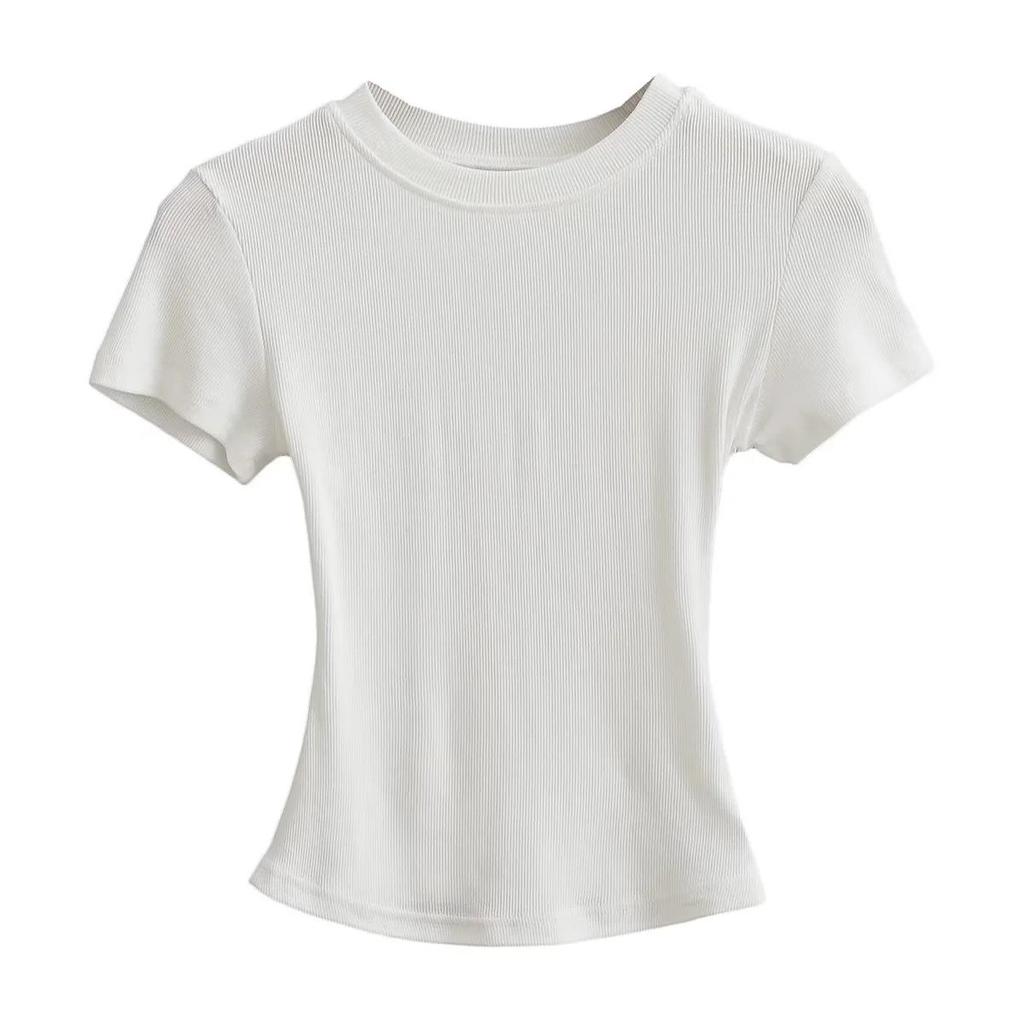 Women's Summer Stretch Slim Fit Ribbed Crop Top - Round Neck, Short Sleeve, Solid Color
