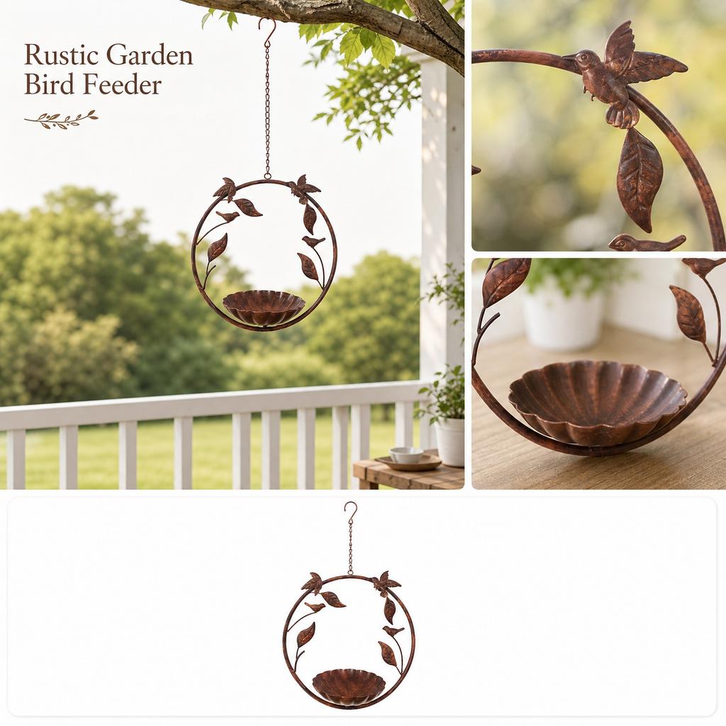 Metal Hanging Bird Feeder with Circular Frame and Branch Design Outdoor Garden Patio Yard Decorative Bird Bath Holder Stand