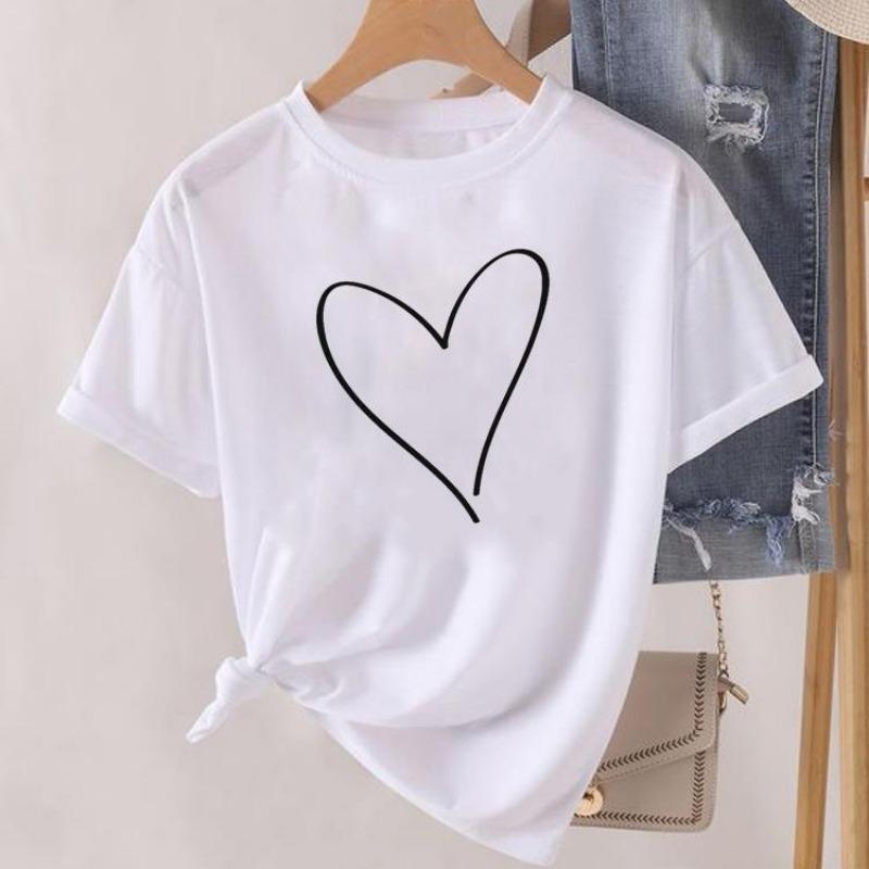 Cute Love Letter Heart Print T Shirt Women Love You Letter Graphic Short Sleeve Casual Summer Aesthetic Valentines Daily Tee