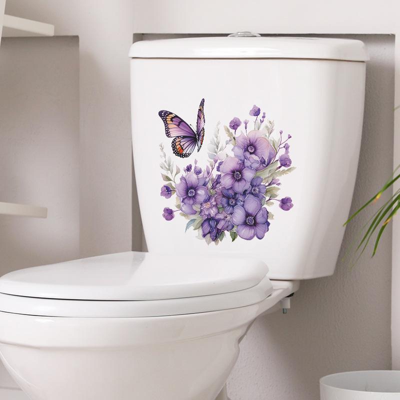 Lila Pflanzen Blumen Schmetterling WC Aufkleber Bad Bad Wandaufkleber selbstklebend
