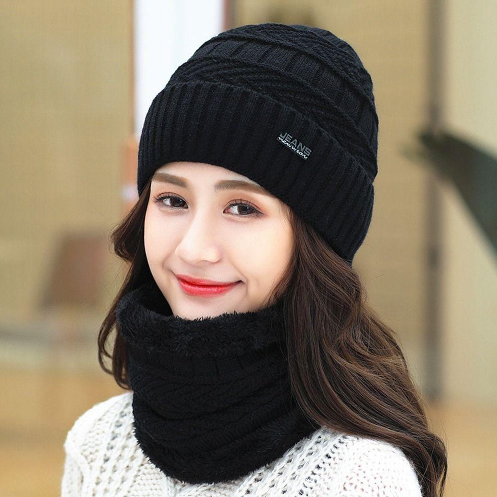 

Winter Warm Hat Neck Warm Wool Hats Windproof Knitted Hat Hats Scarf Sets Women Hat Beanie Cap чорний
