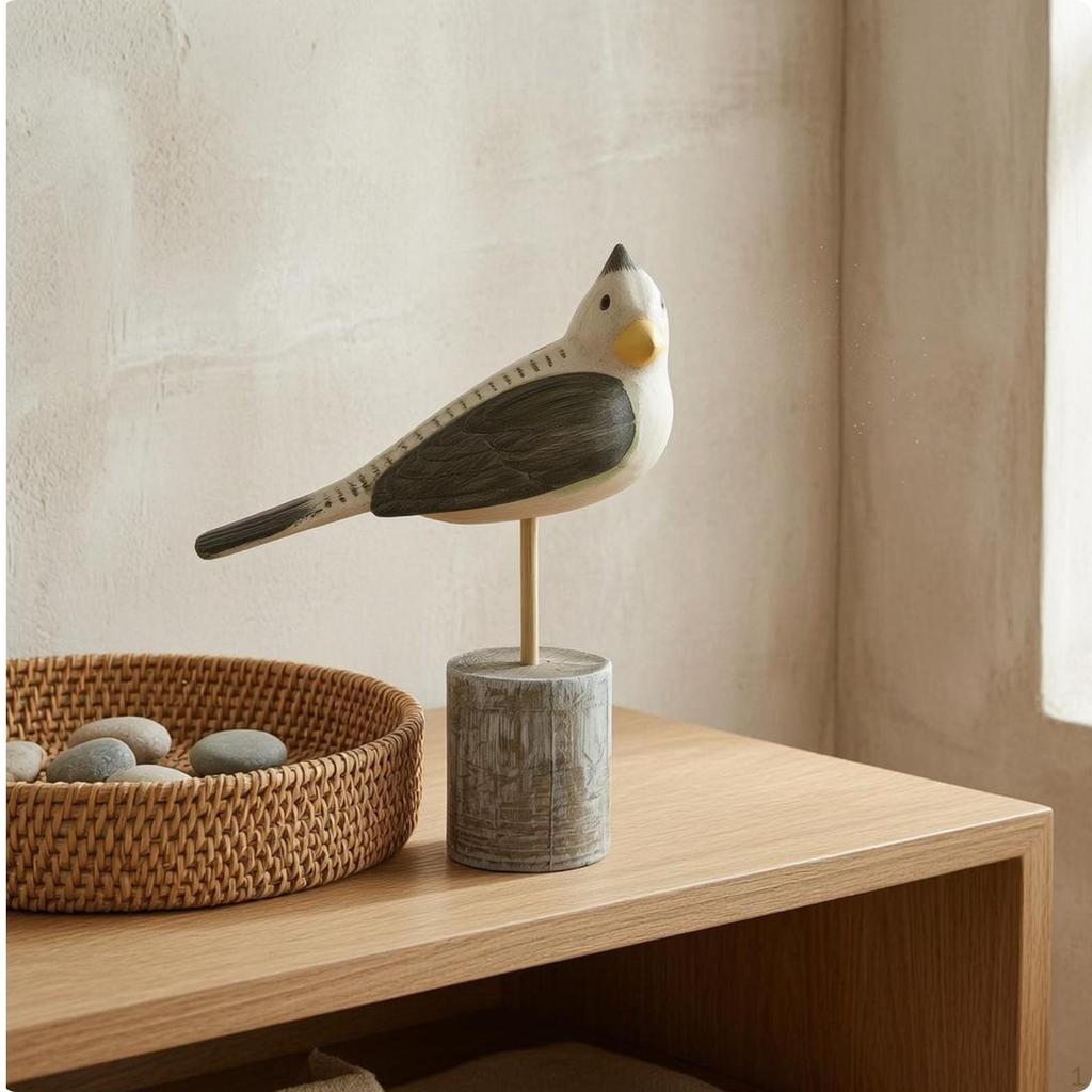 Tabletop Bird Ornament HandPainted Carved Wooden Decor Soft Tones House Decoration M 6h001b