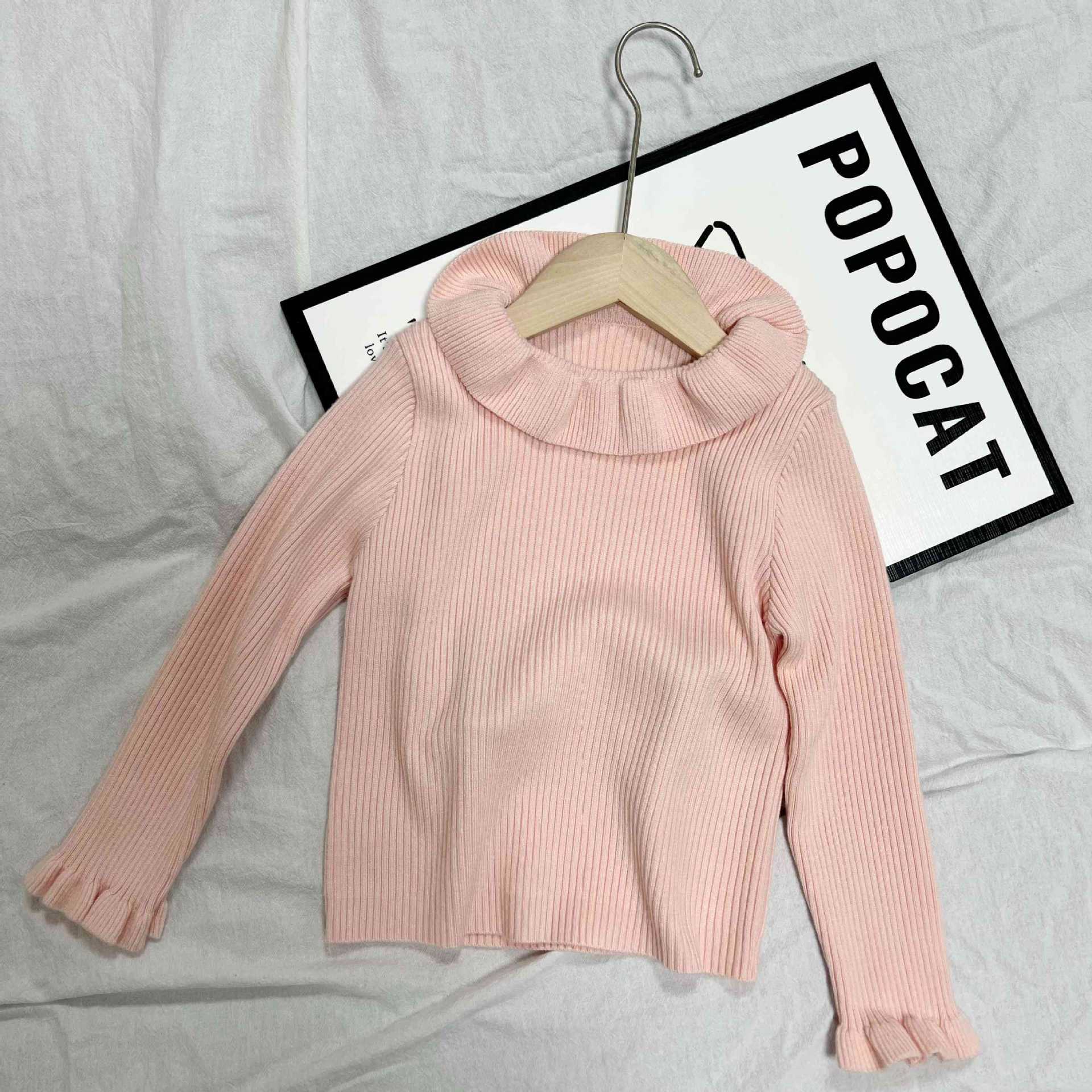 Kids Autumn Winter Ruffled Collar Knit Sweater Solid Stretchy Base Layer Top 80