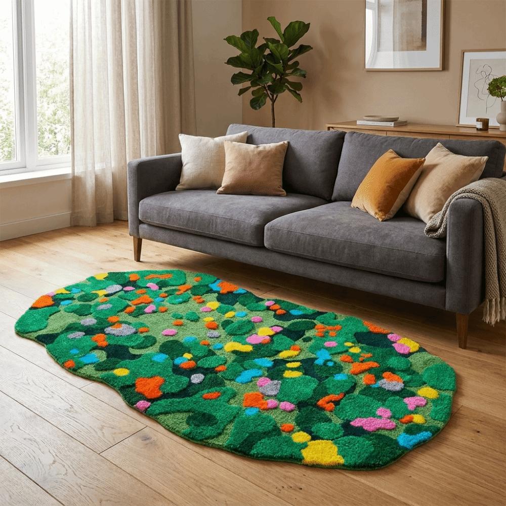 Irregular Green Moss Rug Flower Pattern Bedside Carpet Modern Imitation Cashmere Carpet Sofa Area