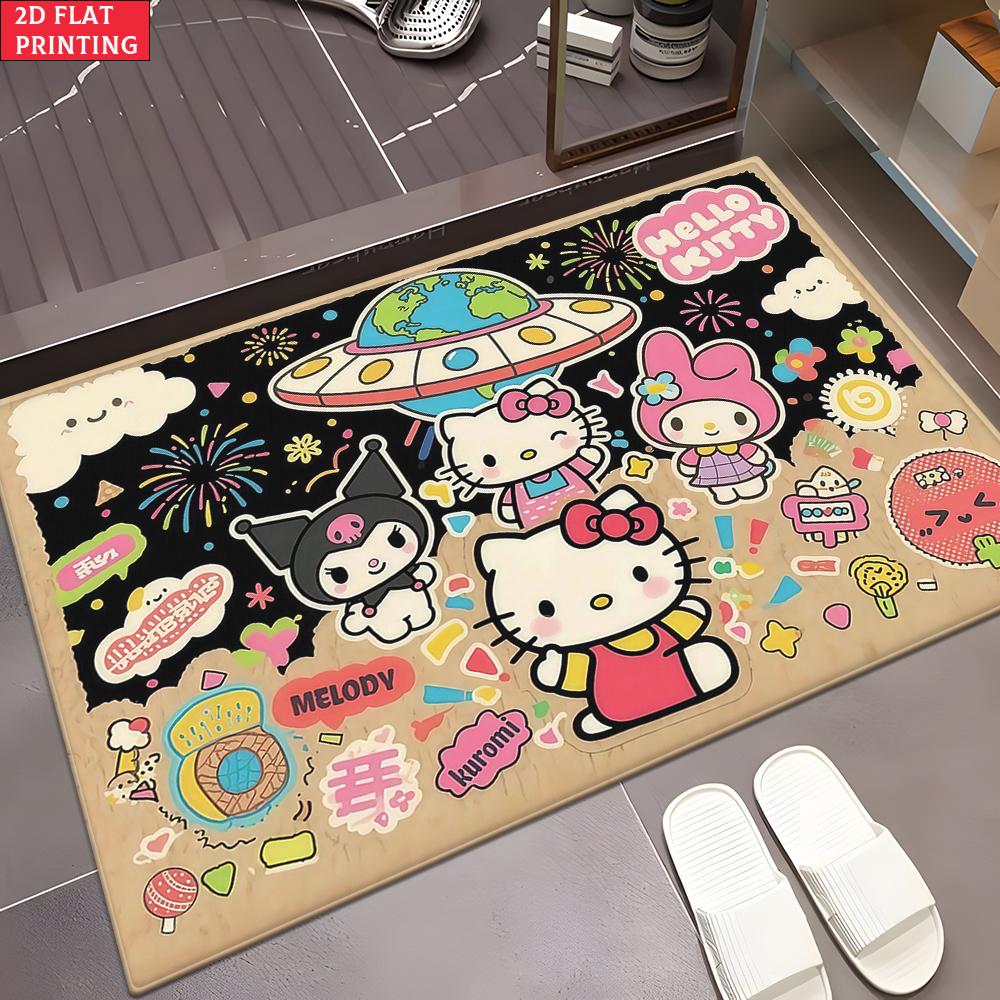 Cute Kawaii Cartoon Characters Doormat, Space UFO Themed Non-slip Floor Mat, Bathroom Entry Rug for Kids Room Home Decor