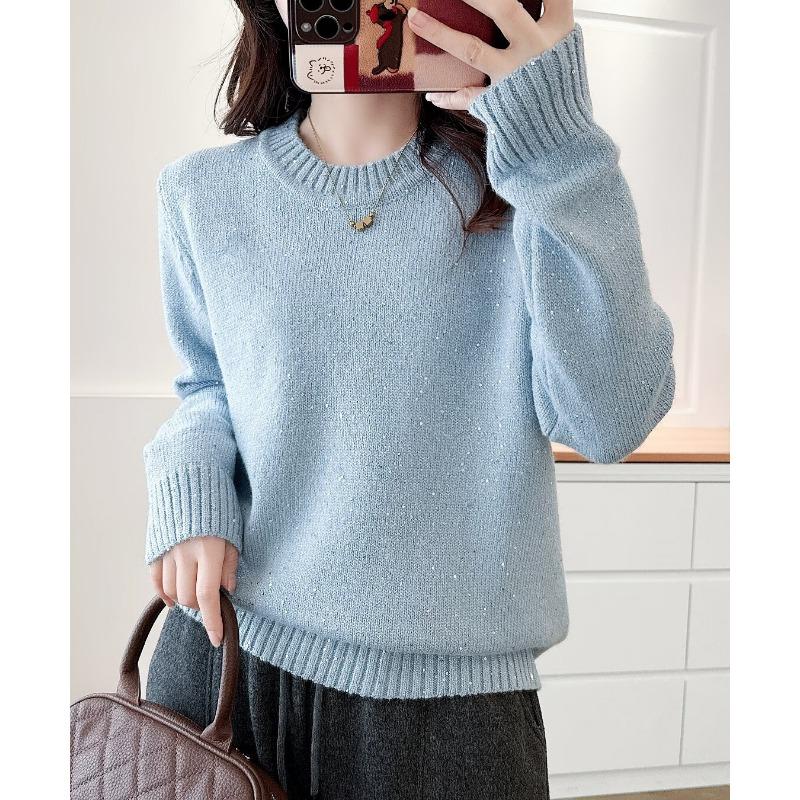 Plus Size Women Long Sleeve Sequin Crew Neck Pullover Winter Bottoming Sweater