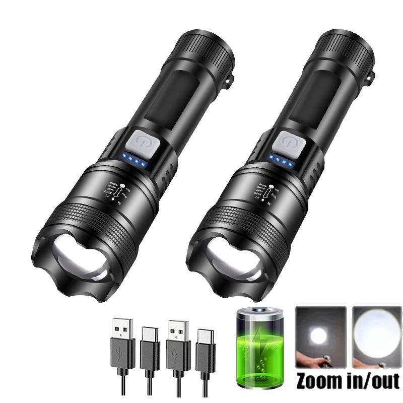 Powerful P70 LED Flashlight Camping USB Charging Zoomable Waterproof Torch Portable Work Light 4 Lighting Modes Built-in Battery