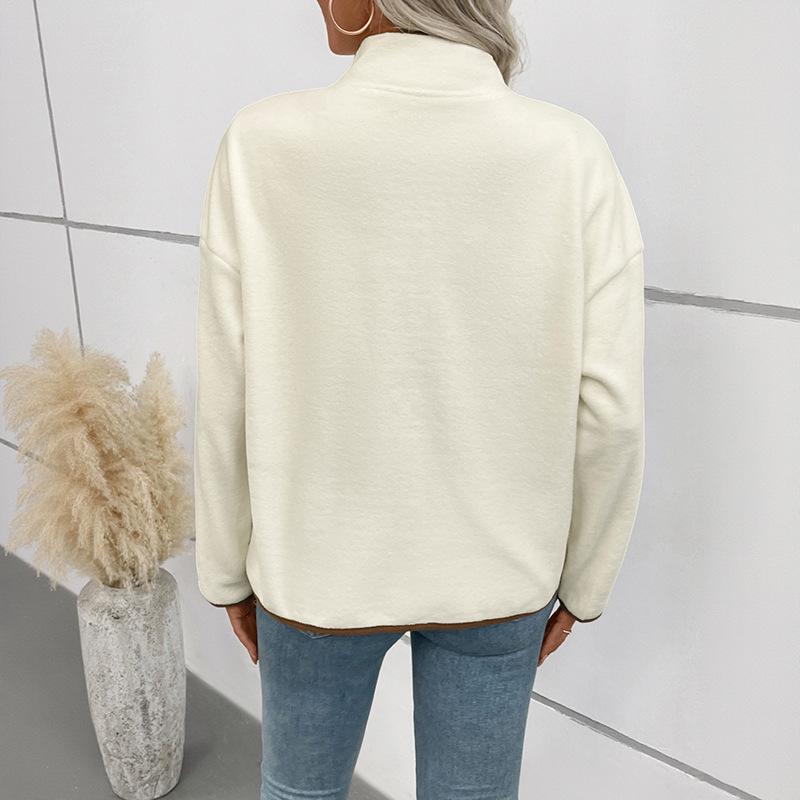 Color Block Fleece-Lined Stand Collar Women's Cardigan - 2025 Autumn/Winter Collection