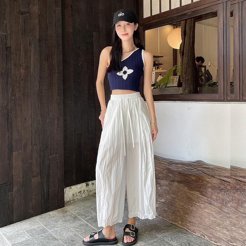 Women's Summer High-Waisted Yellow Flower Bud Lace Lantern Pants - Casual, Loose, Slimming, Nine-Point Length.