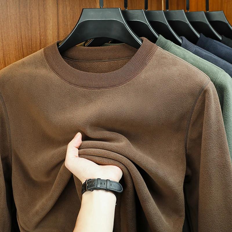 Men's Autumn Winter Velvet Hoodie Long Sleeve Round Neck Solid Color Fashion Casual Versatile Top