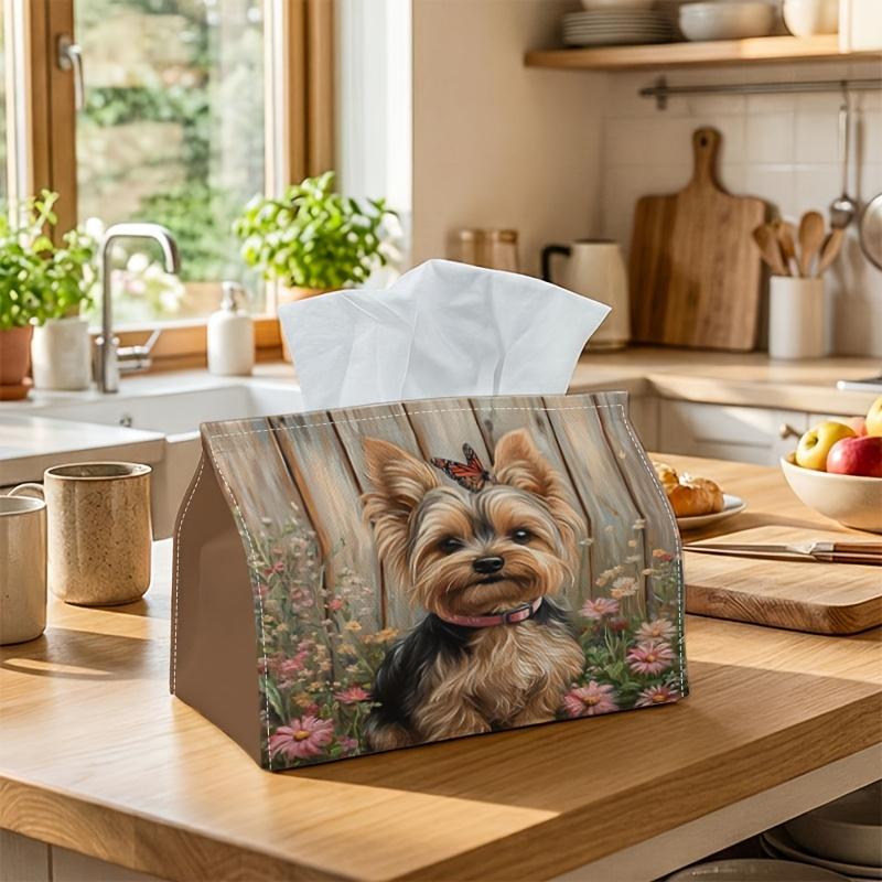 1pc Modern Cute Realistic Artistic Tissue Box, Yorkshire Dog Portrait Print Durable Polyester Fabric for Kitchen, Living Room, Bedroom, Car Compact An