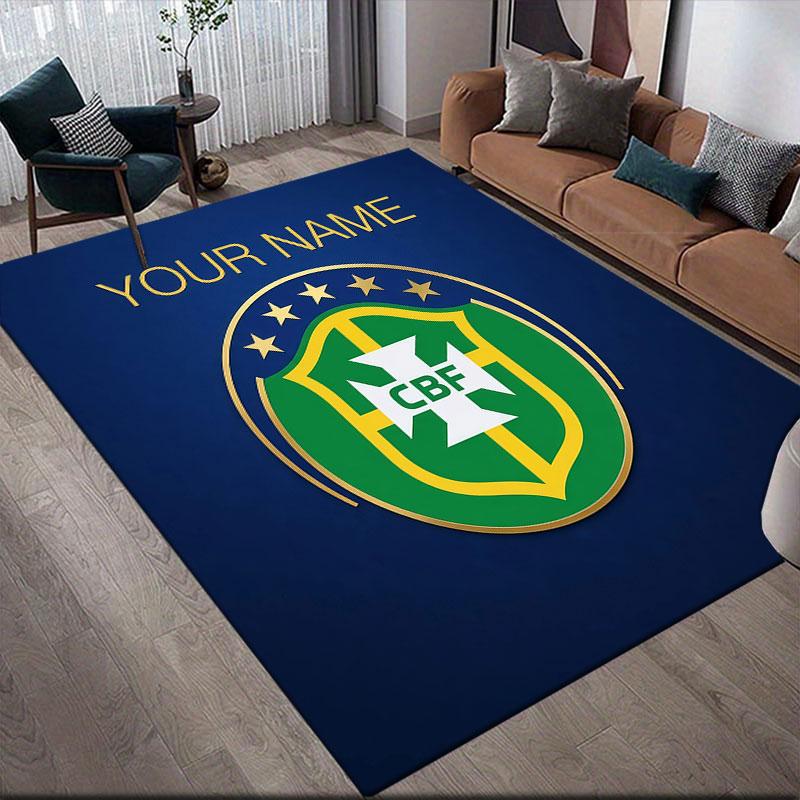 Custom Name,Brazil National Football Team Home Sofa Decoration for Living Room & Bedroom, Non‑Slip Play Flannel Floor Mat for Game Room