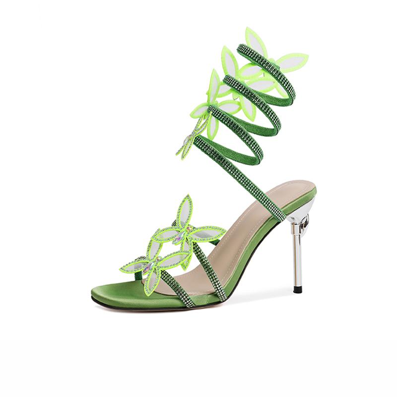 

Fashion Luxury Satin Silk Crystal Butterfly-knot Ankle Strap Sandals Woman Sexy Square Toe Stiletto High Heel Rhinestone Evening Shoes 39