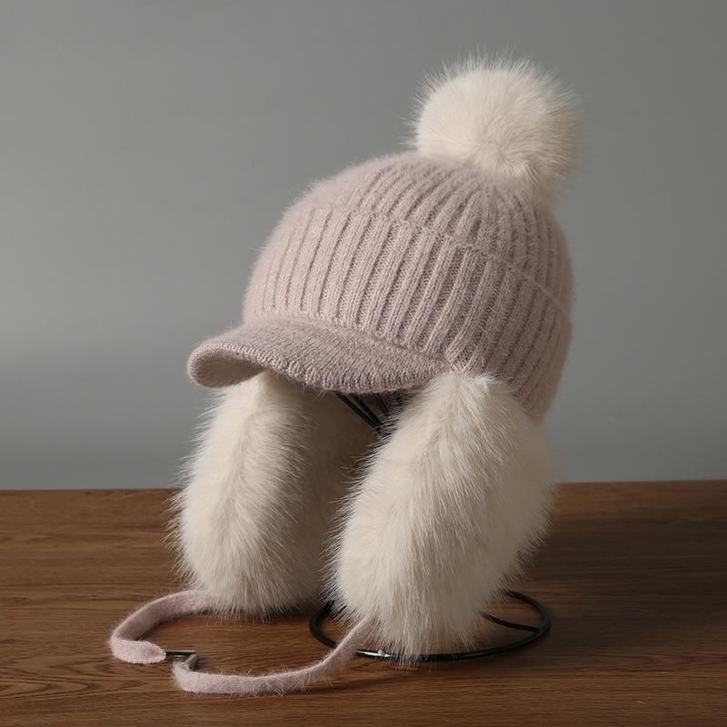 Autumn and winter plush warm ear protection rabbit fur hat hairball face ducktongue knitted hat girls hat