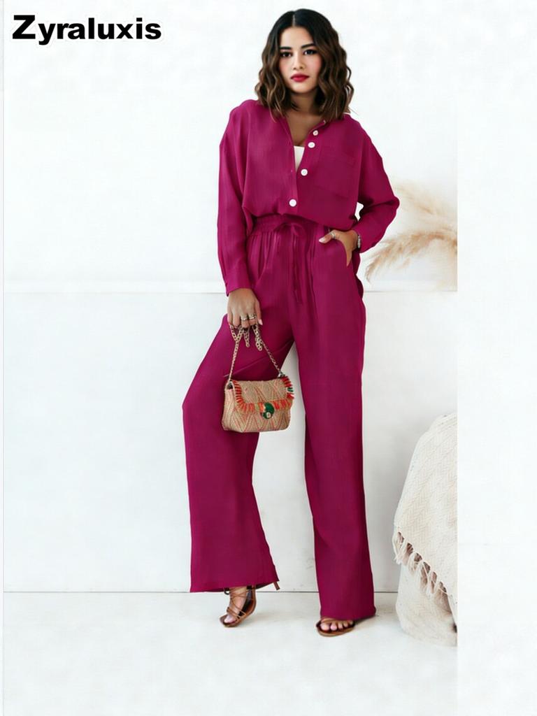 Loose Fashion Long Sleeve Shirt Wide Leg Pants Casual Pure Color Women's Set Old Money Style